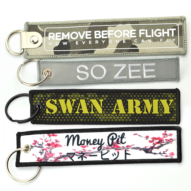 Custom Fabric Woven Embroidered Label Embroidery key Chains For Backpack Ornaments