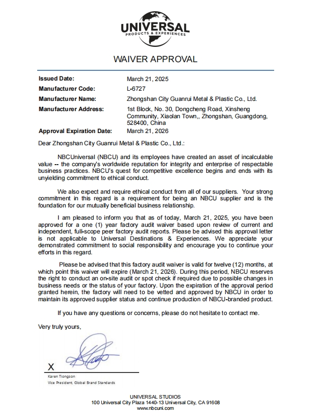 Universal Products Experiences Certificate 2025