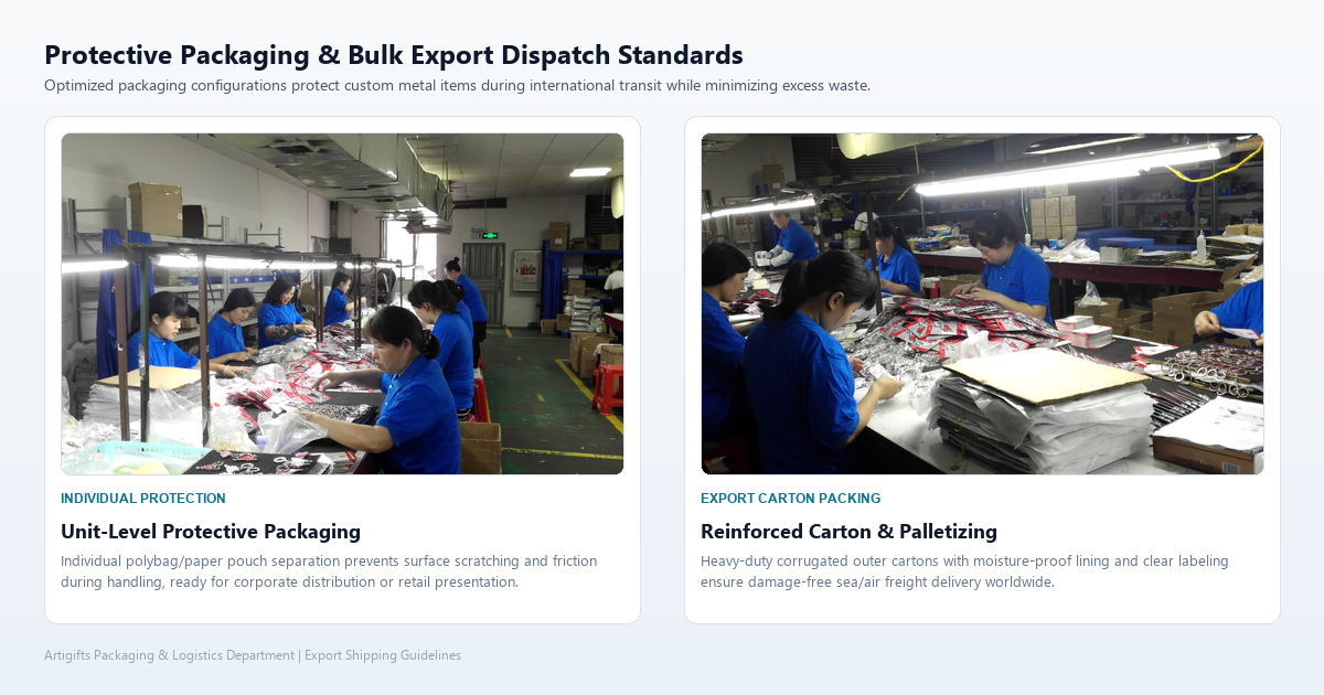 Individual protective packaging and reinforced export shipping cartons for custom promotional merchandise