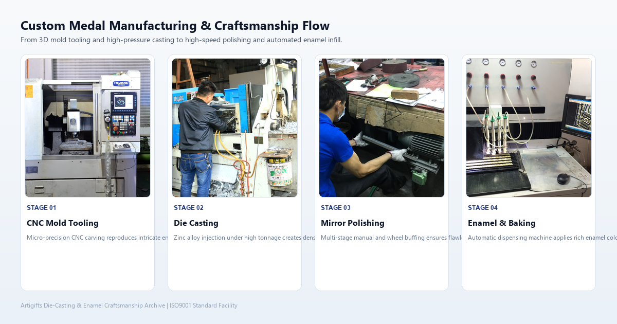 Comprehensive manufacturing and craftsmanship stages for custom event and recognition medals